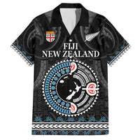 Custom Fiji and New Zealand Family Matching Off The Shoulder Long Sleeve Dress and Hawaiian Shirt Maori Fern Mix Tapa Tribal Unique LT9 Dad's Shirt - Short Sleeve Black - Polynesian Pride