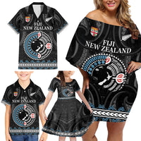 Custom Fiji and New Zealand Family Matching Off Shoulder Short Dress and Hawaiian Shirt Maori Fern Mix Tapa Tribal Unique LT9 - Polynesian Pride