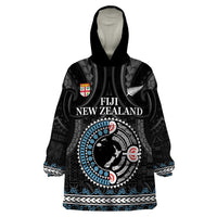 Custom Fiji and New Zealand Wearable Blanket Hoodie Maori Fern Mix Tapa Tribal Unique LT9 One Size Black - Polynesian Pride