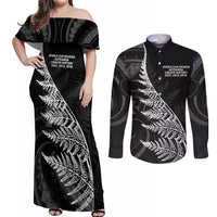 New Zealand Black Fern 7s Couples Matching Off Shoulder Maxi Dress and Long Sleeve Button Shirt History World Cup Sevens LT9 Black - Polynesian Pride