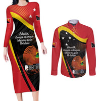 Personalised Papua Niugini Tok Pisin Wik Couples Matching Long Sleeve Bodycon Dress and Long Sleeve Button Shirt LT9 Red - Polynesian Pride