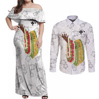 Hawaii Lei Kamehameha Couples Matching Off Shoulder Maxi Dress and Long Sleeve Button Shirt Ke'oke'o Seamless Pattern Hibiscus Flower LT9 White - Polynesian Pride