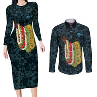 Hawaii Lei Kamehameha Couples Matching Long Sleeve Bodycon Dress and Long Sleeve Button Shirt Uliuli Seamless Pattern Hibiscus Flower LT9 Blue - Polynesian Pride