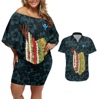 Hawaii Lei Kamehameha Couples Matching Off Shoulder Short Dress and Hawaiian Shirt Uliuli Seamless Pattern Hibiscus Flower LT9 Blue - Polynesian Pride