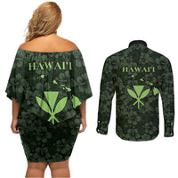 Hawaii Lei Kamehameha Couples Matching Off Shoulder Short Dress and Long Sleeve Button Shirt Oma'oma'o Seamless Pattern Hibiscus Flower LT9 - Polynesian Pride