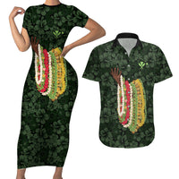 Hawaii Lei Kamehameha Couples Matching Short Sleeve Bodycon Dress and Hawaiian Shirt Oma'oma'o Seamless Pattern Hibiscus Flower LT9 Green - Polynesian Pride