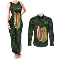 Hawaii Lei Kamehameha Couples Matching Tank Maxi Dress and Long Sleeve Button Shirt Oma'oma'o Seamless Pattern Hibiscus Flower LT9 Green - Polynesian Pride