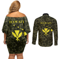 Hawaii Lei Kamehameha Couples Matching Off Shoulder Short Dress and Long Sleeve Button Shirt Melemele Seamless Pattern Hibiscus Flower LT9 - Polynesian Pride