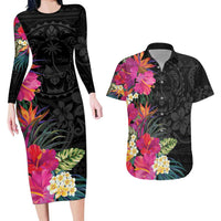 Hafa Adai Guam Couples Matching Long Sleeve Bodycon Dress and Hawaiian Shirt Tropical Flowers Colorful Vibes LT9 Black - Polynesian Pride
