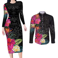 Hafa Adai Guam Couples Matching Long Sleeve Bodycon Dress and Long Sleeve Button Shirt Tropical Flowers Colorful Vibes LT9 Black - Polynesian Pride