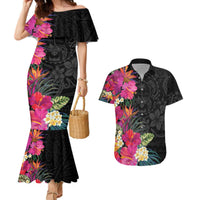 Hafa Adai Guam Couples Matching Mermaid Dress and Hawaiian Shirt Tropical Flowers Colorful Vibes LT9 Black - Polynesian Pride