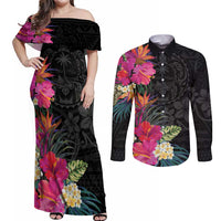 Hafa Adai Guam Couples Matching Off Shoulder Maxi Dress and Long Sleeve Button Shirt Tropical Flowers Colorful Vibes LT9 Black - Polynesian Pride