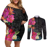 Hafa Adai Guam Couples Matching Off Shoulder Short Dress and Long Sleeve Button Shirt Tropical Flowers Colorful Vibes LT9 Black - Polynesian Pride