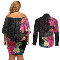 Hafa Adai Guam Couples Matching Off Shoulder Short Dress and Long Sleeve Button Shirt Tropical Flowers Colorful Vibes LT9 - Polynesian Pride