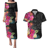 Hafa Adai Guam Couples Matching Puletasi and Hawaiian Shirt Tropical Flowers Colorful Vibes LT9 Black - Polynesian Pride