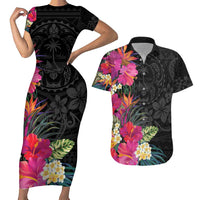 Hafa Adai Guam Couples Matching Short Sleeve Bodycon Dress and Hawaiian Shirt Tropical Flowers Colorful Vibes LT9 Black - Polynesian Pride
