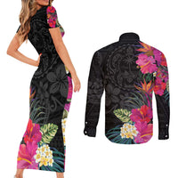 Hafa Adai Guam Couples Matching Short Sleeve Bodycon Dress and Long Sleeve Button Shirt Tropical Flowers Colorful Vibes LT9 - Polynesian Pride