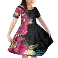 Hafa Adai Guam Family Matching Mermaid Dress and Hawaiian Shirt Tropical Flowers Colorful Vibes LT9 Daughter's Dress Black - Polynesian Pride