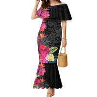 Hafa Adai Guam Family Matching Mermaid Dress and Hawaiian Shirt Tropical Flowers Colorful Vibes LT9 Mom's Dress Black - Polynesian Pride