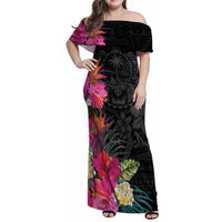 Hafa Adai Guam Family Matching Off Shoulder Maxi Dress and Hawaiian Shirt Tropical Flowers Colorful Vibes LT9 Mom's Dress Black - Polynesian Pride