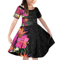Hafa Adai Guam Family Matching Off Shoulder Short Dress and Hawaiian Shirt Tropical Flowers Colorful Vibes LT9 Daughter's Dress Black - Polynesian Pride
