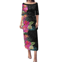 Hafa Adai Guam Family Matching Puletasi and Hawaiian Shirt Tropical Flowers Colorful Vibes LT9 Mom's Dress Black - Polynesian Pride
