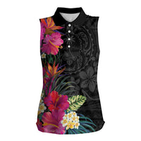 Hafa Adai Guam Women Sleeveless Polo Shirt Tropical Flowers Colorful Vibes LT9 Female Black - Polynesian Pride