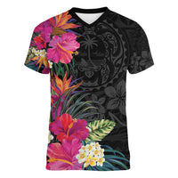 Hafa Adai Guam Women V-Neck T-Shirt Tropical Flowers Colorful Vibes LT9 Female Black - Polynesian Pride