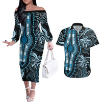 Polynesia Dashiki Couples Matching Off The Shoulder Long Sleeve Dress and Hawaiian Shirt Polynesia and Africa Traditional Special Together Blue LT9 Blue - Polynesian Pride