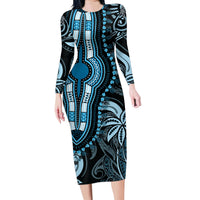 Polynesia Dashiki Family Matching Long Sleeve Bodycon Dress and Hawaiian Shirt Polynesia and Africa Traditional Special Together Blue LT9 Mom's Dress Blue - Polynesian Pride