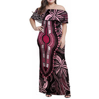 Polynesia Dashiki Family Matching Off Shoulder Maxi Dress and Hawaiian Shirt Polynesia and Africa Traditional Special Together Pink LT9 Mom's Dress Pink - Polynesian Pride