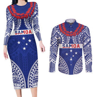 Personalised Toa Samoa Rugby Spirit Couples Matching Long Sleeve Bodycon Dress and Long Sleeve Button Shirt Blue Samoan Tribal Pattern LT9 Blue - Polynesian Pride