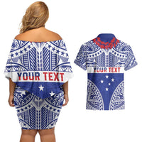 Personalised Toa Samoa Rugby Spirit Couples Matching Off Shoulder Short Dress and Hawaiian Shirt Blue Samoan Tribal Pattern LT9 - Polynesian Pride