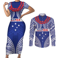 Personalised Toa Samoa Rugby Spirit Couples Matching Short Sleeve Bodycon Dress and Long Sleeve Button Shirt Blue Samoan Tribal Pattern LT9 Blue - Polynesian Pride
