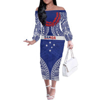 Personalised Toa Samoa Rugby Spirit Family Matching Off The Shoulder Long Sleeve Dress and Hawaiian Shirt Blue Samoan Tribal Pattern LT9 Mom's Dress Blue - Polynesian Pride