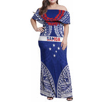 Personalised Toa Samoa Rugby Spirit Family Matching Off Shoulder Maxi Dress and Hawaiian Shirt Blue Samoan Tribal Pattern LT9 Mom's Dress Blue - Polynesian Pride