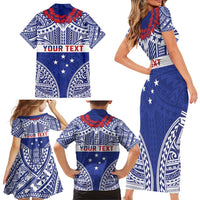 Personalised Toa Samoa Rugby Spirit Family Matching Short Sleeve Bodycon Dress and Hawaiian Shirt Blue Samoan Tribal Pattern LT9 - Polynesian Pride