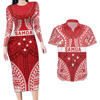 Personalised Toa Samoa Rugby Spirit Couples Matching Long Sleeve Bodycon Dress and Hawaiian Shirt Red Samoan Tribal Pattern LT9 Red - Polynesian Pride