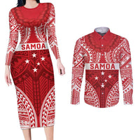 Personalised Toa Samoa Rugby Spirit Couples Matching Long Sleeve Bodycon Dress and Long Sleeve Button Shirt Red Samoan Tribal Pattern LT9 Red - Polynesian Pride