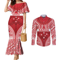 Personalised Toa Samoa Rugby Spirit Couples Matching Mermaid Dress and Long Sleeve Button Shirt Red Samoan Tribal Pattern LT9 Red - Polynesian Pride