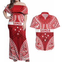 Personalised Toa Samoa Rugby Spirit Couples Matching Off Shoulder Maxi Dress and Hawaiian Shirt Red Samoan Tribal Pattern LT9 Red - Polynesian Pride