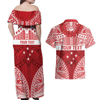 Personalised Toa Samoa Rugby Spirit Couples Matching Off Shoulder Maxi Dress and Hawaiian Shirt Red Samoan Tribal Pattern LT9 - Polynesian Pride