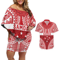 Personalised Toa Samoa Rugby Spirit Couples Matching Off Shoulder Short Dress and Hawaiian Shirt Red Samoan Tribal Pattern LT9 Red - Polynesian Pride