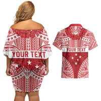 Personalised Toa Samoa Rugby Spirit Couples Matching Off Shoulder Short Dress and Hawaiian Shirt Red Samoan Tribal Pattern LT9 - Polynesian Pride