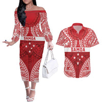Personalised Toa Samoa Rugby Spirit Couples Matching Off The Shoulder Long Sleeve Dress and Hawaiian Shirt Red Samoan Tribal Pattern LT9 Red - Polynesian Pride
