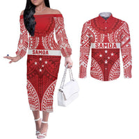 Personalised Toa Samoa Rugby Spirit Couples Matching Off The Shoulder Long Sleeve Dress and Long Sleeve Button Shirt Red Samoan Tribal Pattern LT9 Red - Polynesian Pride