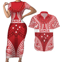 Personalised Toa Samoa Rugby Spirit Couples Matching Short Sleeve Bodycon Dress and Hawaiian Shirt Red Samoan Tribal Pattern LT9 Red - Polynesian Pride