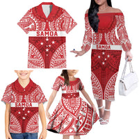 Personalised Toa Samoa Rugby Spirit Family Matching Off The Shoulder Long Sleeve Dress and Hawaiian Shirt Red Samoan Tribal Pattern LT9 - Polynesian Pride