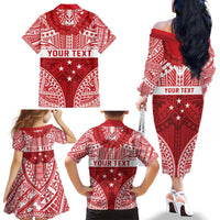 Personalised Toa Samoa Rugby Spirit Family Matching Off The Shoulder Long Sleeve Dress and Hawaiian Shirt Red Samoan Tribal Pattern LT9 - Polynesian Pride