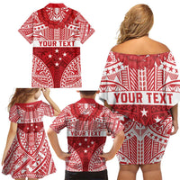 Personalised Toa Samoa Rugby Spirit Family Matching Off Shoulder Short Dress and Hawaiian Shirt Red Samoan Tribal Pattern LT9 - Polynesian Pride